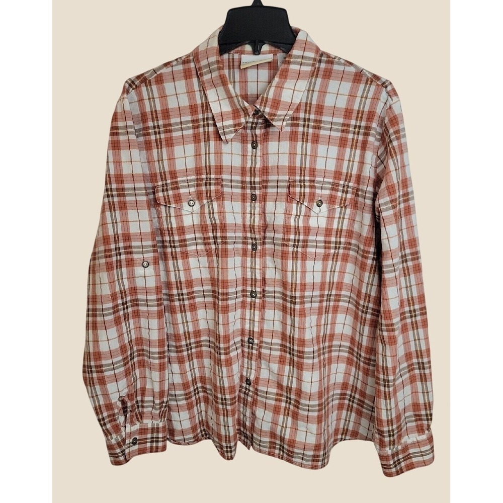 Alfred Dunner Button Up Shirt Plaid Farmhouse Roll Tab Sleeve Orange White 20W